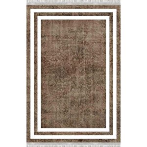 Kahverengi Beyaz Modern Çerçeve Desenli Dijital Baskılı Kaymaz Tabanlı Halı