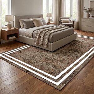 Kahverengi Beyaz Modern Çerçeve Desenli Dijital Baskılı Kaymaz Tabanlı Halı 120x800 cm