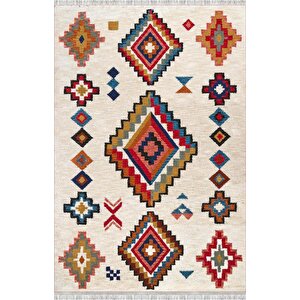 Krem Ve Renkli Etnik Desenli Dijital Baskılı Halı Kaymaz Taban Modern Boho Tarz Salon Oda Halısı