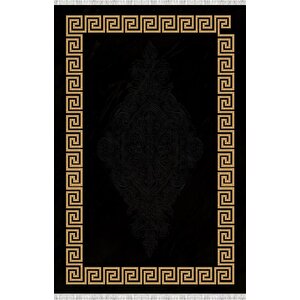 Siyah Ve Altın Desenli Dijital Baskılı Halı Kaymaz Tabanlı Modern Geometrik Bordürlü Dekoratif Salon Ve Oda Halısı