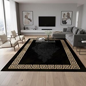 Siyah Ve Altın Desenli Dijital Baskılı Halı Kaymaz Tabanlı Modern Geometrik Bordürlü Dekoratif Salon Ve Oda Halısı 160x230 cm