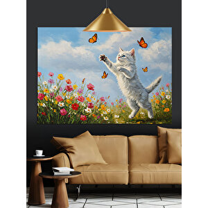 Çiçekli Tarlada Oynayan Kedi Dekoratif Kanvas - Mdf Ahşap Tablo 50x70 cm