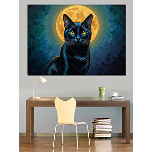 Dolunayda Kara Kedi Dekoratif Kanvas - Mdf Ahşap Tablo 50x70 cm