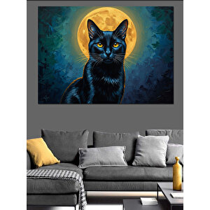 Dolunayda Kara Kedi Dekoratif Kanvas - Mdf Ahşap Tablo 50x70 cm