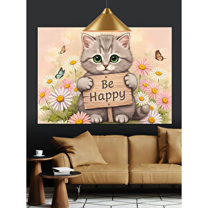 Mutlu Kedi Be Happy Dekoratif Kanvas - Mdf Ahşap Tablo 70x100 cm