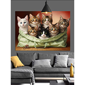 Kedi Yavruları Sepet İçinde Dekoratif Kanvas - Mdf Ahşap Tablo 100x140 cm