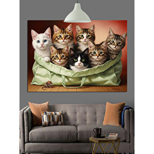 Kedi Yavruları Sepet İçinde Dekoratif Kanvas - Mdf Ahşap Tablo 100x140 cm
