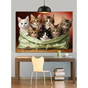Kedi Yavruları Sepet İçinde Dekoratif Kanvas - Mdf Ahşap Tablo 100x140 cm
