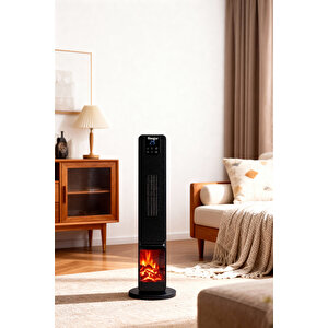 Hoogar German Oled Black Series Şömineli Ekran Dijital Göstergeli Fanlı Kule Tipi Seramik Isıtıcı Uzaktan Kumandalı