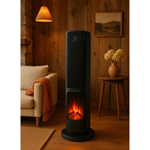 Hoogar German Oled Black Series Şömineli Ekran Dijital Göstergeli Fanlı Kule Tipi Seramik Isıtıcı Uzaktan Kumandalı