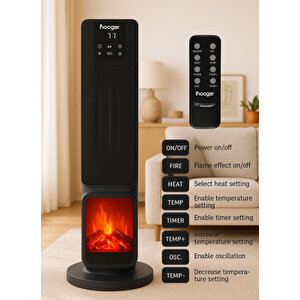 Hoogar German Oled Black Series Şömineli Ekran Dijital Göstergeli Fanlı Kule Tipi Seramik Isıtıcı Uzaktan Kumandalı