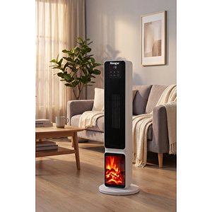 Hoogar German Oled White Series Şömineli Ekran Dijital Göstergeli Fanlı Kule Tipi Seramik Isıtıcı Uzaktan Kumandalı