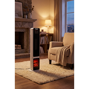 Hoogar German Oled White Series Şömineli Ekran Dijital Göstergeli Fanlı Kule Tipi Seramik Isıtıcı Uzaktan Kumandalı
