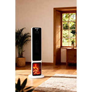 Hoogar German Oled White Series Şömineli Ekran Dijital Göstergeli Fanlı Kule Tipi Seramik Isıtıcı Uzaktan Kumandalı