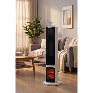 Hoogar German Oled White Series Şömineli Ekran Dijital Göstergeli Fanlı Kule Tipi Seramik Isıtıcı Uzaktan Kumandalı