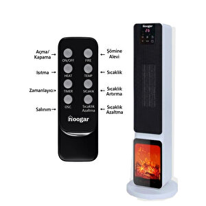 Hoogar German Oled White Series Şömineli Ekran Dijital Göstergeli Fanlı Kule Tipi Seramik Isıtıcı Uzaktan Kumandalı