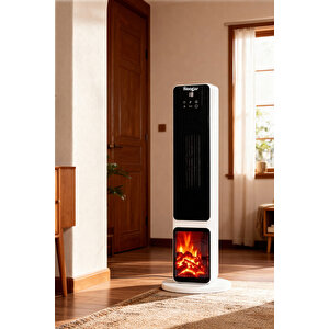 Hoogar German Oled White Series Şömineli Ekran Dijital Göstergeli Fanlı Kule Tipi Seramik Isıtıcı Uzaktan Kumandalı