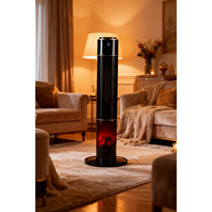 Hoogar German Black Hg-blko Oled Oval Seri Şömineli Ekran Dijital Seramik Kule Tipi Fanlı Isıtıcı Uzaktan Kumandalı