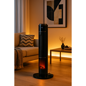 Hoogar German Black Hg-blko Oled Oval Seri Şömineli Ekran Dijital Seramik Kule Tipi Fanlı Isıtıcı Uzaktan Kumandalı