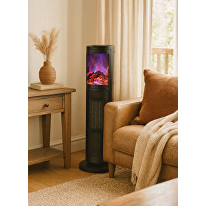 Hoogar German Oben Grey Series Seramik Kule Tipi Fanlı Isıtıcı Dijital Ekran Şömine Efektli Uzaktan Kumandalı