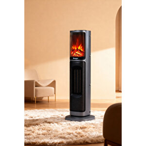 Hoogar German Oben Grey Series Seramik Kule Tipi Fanlı Isıtıcı Dijital Ekran Şömine Efektli Uzaktan Kumandalı