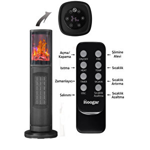 Hoogar German Oben Grey Series Seramik Kule Tipi Fanlı Isıtıcı Dijital Ekran Şömine Efektli Uzaktan Kumandalı
