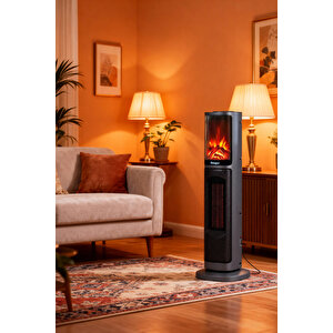 Hoogar German Oben Grey Series Seramik Kule Tipi Fanlı Isıtıcı Dijital Ekran Şömine Efektli Uzaktan Kumandalı