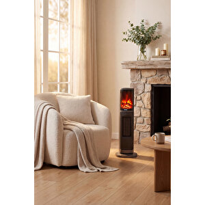 Hoogar German Oben Grey Series Seramik Kule Tipi Fanlı Isıtıcı Dijital Ekran Şömine Efektli Uzaktan Kumandalı