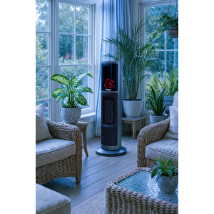 Hoogar German Oben Grey Series Seramik Kule Tipi Fanlı Isıtıcı Dijital Ekran Şömine Efektli Uzaktan Kumandalı