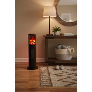 Hoogar German Oben Grey Series Seramik Kule Tipi Fanlı Isıtıcı Dijital Ekran Şömine Efektli Uzaktan Kumandalı