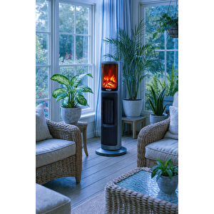 Hoogar German Oben Grey Series Seramik Kule Tipi Fanlı Isıtıcı Dijital Ekran Şömine Efektli Uzaktan Kumandalı