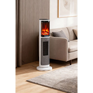 Hoogar German Oben White Series Seramik Kule Tipi Fanlı Isıtıcı Dijital Ekran Şömine Efektli Uzaktan Kumandalı
