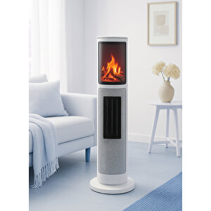 Hoogar German Oben White Series Seramik Kule Tipi Fanlı Isıtıcı Dijital Ekran Şömine Efektli Uzaktan Kumandalı