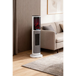 Hoogar German Oben White Series Seramik Kule Tipi Fanlı Isıtıcı Dijital Ekran Şömine Efektli Uzaktan Kumandalı