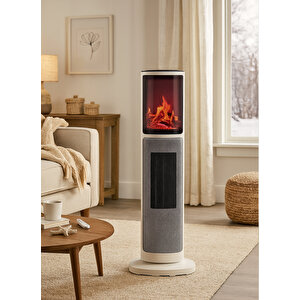 Hoogar German Oben White Series Seramik Kule Tipi Fanlı Isıtıcı Dijital Ekran Şömine Efektli Uzaktan Kumandalı