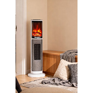 Hoogar German Oben White Series Seramik Kule Tipi Fanlı Isıtıcı Dijital Ekran Şömine Efektli Uzaktan Kumandalı