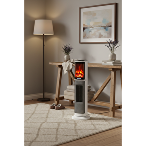 Hoogar German Oben White Series Seramik Kule Tipi Fanlı Isıtıcı Dijital Ekran Şömine Efektli Uzaktan Kumandalı
