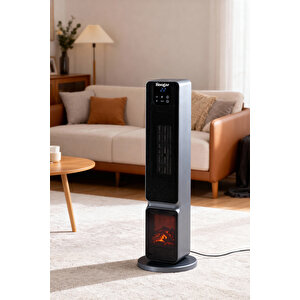 German Oled Grey Series Şömineli Ekran Dijital Göstergeli Fanlı Kule Tipi Seramik Isıtıcı Uzaktan Kumandalı