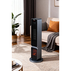 German Oled Grey Series Şömineli Ekran Dijital Göstergeli Fanlı Kule Tipi Seramik Isıtıcı Uzaktan Kumandalı