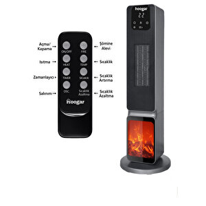 Hoogar German Oled Siyah Series Şömineli Ekran Dijital Göstergeli Fanlı Kule Tipi Seramik Isıtıcı Uzaktan Kumandalı