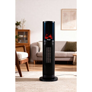 German Oben Black Series Seramik Kule Tipi Fanlı Isıtıcı Dijital Ekran Şömine Efektli Uzaktan Kumandalı