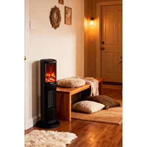 Hoogar German Oben Black Series Seramik Kule Tipi Fanlı Isıtıcı Dijital Ekran Şömine Efektli Uzaktan Kumandalı
