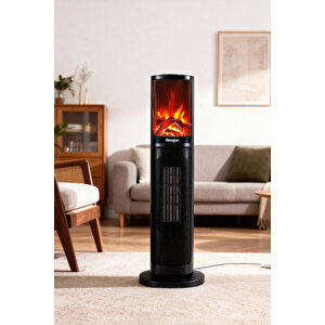 Hoogar German Oben Black Series Seramik Kule Tipi Fanlı Isıtıcı Dijital Ekran Şömine Efektli Uzaktan Kumandalı