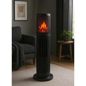 Hoogar German Oben Black Series Seramik Kule Tipi Fanlı Isıtıcı Dijital Ekran Şömine Efektli Uzaktan Kumandalı
