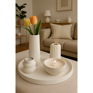 “dekoratif Beton Set – Vazo, Mumluk, Oda Kokusu Ve Tepsi | Minimalist Ev Aksesuarları”