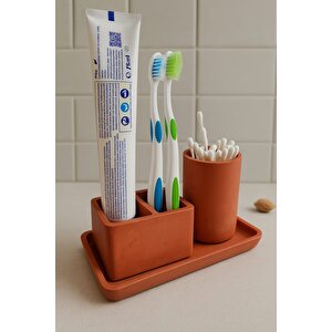 3 Parça Beton Banyo Seti – Diş Fırçalık, Kulak Çubuğu Kutusu Ve 15x10 Cm Tepsi | Minimalist Tasarım
