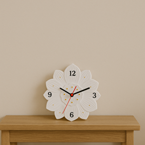 Beton Çiçek Desenli Duvar Saati – Sessiz Mekanizma, Dekoratif Tasarım, 20 Cm, Beyaz