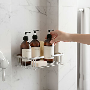 Krom Renk Banyo Duş Rafı Tek Katlı Kare Şampuanlık Sabunluk Paslanmaz Metal Duvar Tipi Organizer