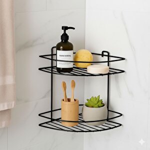 İki Katlı Vidalı Duş Şampuanlık Köşe Rafı Banyo Organizeri Askılı Şampuanlık Düzenleyici Siyah