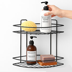 İki Katlı Vidalı Duş Şampuanlık Köşe Rafı Banyo Organizeri Askılı Şampuanlık Düzenleyici Siyah
